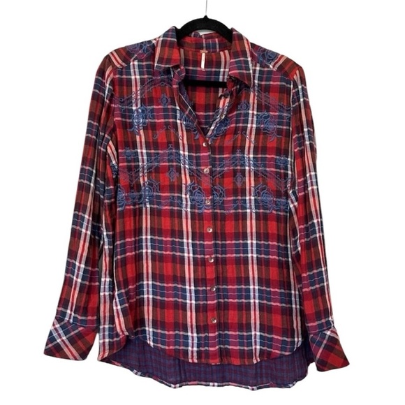 Free People Magical Plaid Floral Embroidered Button Down Shirt Womens XS - Picture 2 of 7